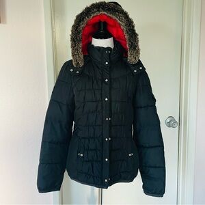 Tommy Hilfiger Y2K Black Puffer Jacket Removable Faux Fur Hood Red Lining Size S